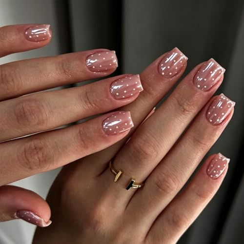 24pcs Short Square False Nails White Polka Dot Design Press on Nails Glossy Coated Nude Pink Stick on Nail Tips Removable Glue-on Fake Nail Art Accessories for Women Spring Summer Wear