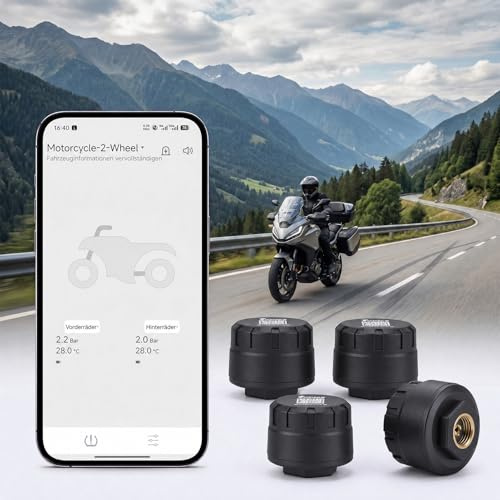 WODHMIEY Reifendruckkontrollsystem TPMS Motorrad Auto Drahtlose Reifendrucksensoren mit App Echtzeit Druck Temperatur Alarmfunktion für iOS Android PKW SUV LKW Wohnmobil Universell Ventil Sensor Set