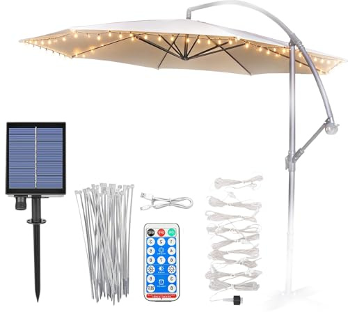 Lumières Solaires de Parapluie, 104 LED Lampe Parasol de Patio, Étanche IP65 Éclairage de Parasol, 8 Modes Lumières avec Télécommande, Éclairage Décoratif pour Parasols et Tentes de Camping