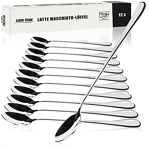 com-four® 12x Latte Macchiato-Löffel aus Edelstahl - Barlöffel - Longdrinklöffel - Lange Löffel für Kaffe-Spezialitäten - Eislöffel - Cocktaillöffel (12 Stück - 20.5cm)