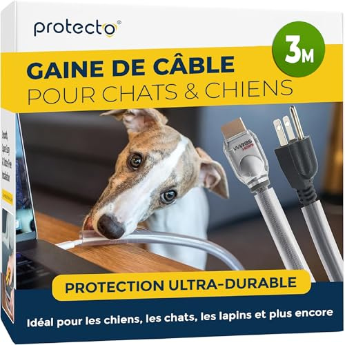 PROTECTO Gaine de Protection Câble pour Chiens et Chats – 3 m, Ø 9 mm – Ultra-Résistante, Anti-Morsure, Transparente, Inodore, Facile à Installer – Protège Les Câbles Audio, Vidéo et Électriques