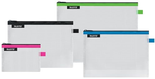 Leitz 4er-Set WOW Traveller Zip-Beutel, Transparent, Ideal zur Organisation, Wasserabweisend, Größe: S (pink), M (schwarz), L (grün) und die Kosmetiktasche (blau), 40160099