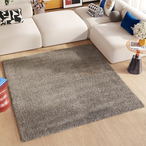 TAPISO Essence Teppich Quadratisch Shaggy Hochflor Langflor Grau Einfarbig Weich Modern Design Wohnzimmer Schlafzimmer ÖKOTEX 200 x 200 cm