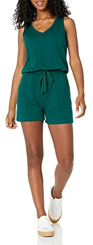 Amazon Essentials Women's Studio Terry Fleece Romper, Dark Green, Medium