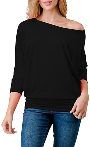 BODYWEAR LTD Womens Batwing Baggy TOP Jersey Ladies Long Sleeve ON OR Off Shoulder Party TOP (14, Black)