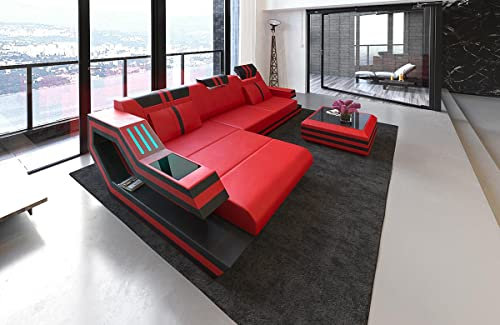 Ledersofa Ravenna L Form Ecksofa Sofa - mit LED Beleuchtung, verstellbare Kopfstützen, Recamiere/Lederfarben wählbar/Ausrichtung wählbar (Ottomane Links, Rot-Schwarz)