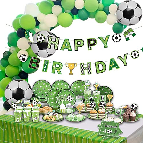Fussball Geburtstagsdeko Jungen Fußball Zubehör mit Tischdecke, Serviette, Happy Birthday Girlande Football Kuchendeko Fussball Geburtstag Deko