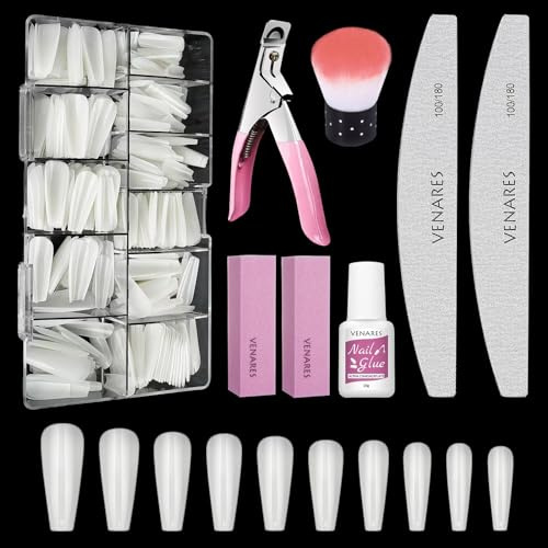 Lösnagelset från Venares, 500 stycken ballerina-spetsar för gelnaglar, 10 storlekar, naturliga heltäckande nagelspetsar med nagellim, nagelfil, nagelpoleringssvamp, nagelborste och nagelklippare