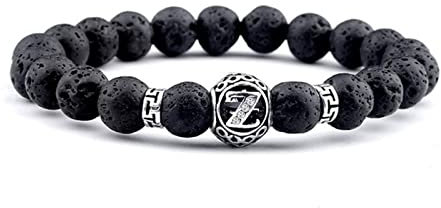 Whoiy Armband mit Buchstaben, Armband Damen Perlen Lavastein Versilberter Schwarz Modisches Perlenarmband mit Buchstabe Z Perlenarmband 20.8cmx8mm