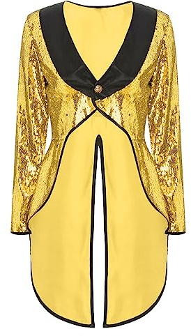 iiniim Damen Zirkus Kostüm Pailletten Frack Jacke Blazer Mantel Ringmaster Uniform Zirkusdirektor Kostüm Halloween Weihnachten Karneval Fasching Gold M