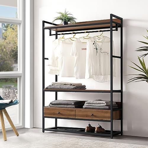 [en.casa] Kleiderständer Isen mit Kleiderstange Garderobenständer MDF offener Kleiderschrank mit 4 Ablagen und 2 Schubladen 180 x 120 x 40 cm Walnussoptik/Schwarz