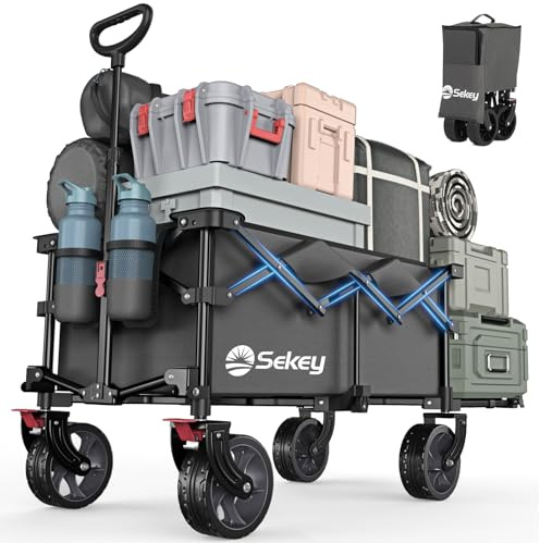 Sekey XXL Bollerwagen Faltbar mit Erweiterbarer Heckklappe 135L & 200L, Faltbarer Bollerwagen Klappbar Angelwagen Zusammenfaltbar aus Vier Richtungen bis 150KG, Flexi 4019, Grau
