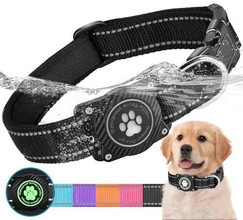 Ytanest Leuchtend Wasserdicht Airtag Hundehalsband, Verstellbar Reflektierend Air Tag Halter Halsband Reflektierend für Kleine Mittler Große Hund, Schwarz, S