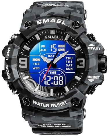 FANMIS Wrsitwatch Montre analogique numérique Multifonction pour Sports de Plein air avec LED électronique et Double Affichage étanche, Camouflage Gris., Sangle