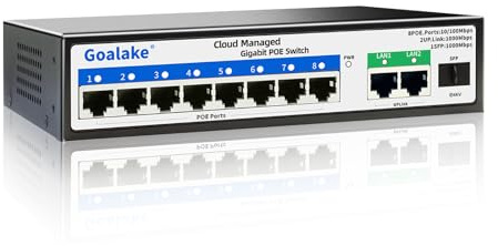 Goalake Switch Poe 11 porte, Switch Ethernet Gestito nel cloud, Switch PoE+ 8 porte a 120 W, 802.3af/at, App facile da gestire, Rilevamento cloud, Vlan, Riavvio cloud, Cloud Ultra Remote Fino a 250 m