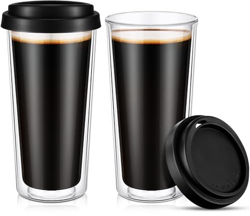 Honeydak 2 Pack 16 oz Double Walled Glass Coffee Mugs with Silicone Lids Clear Insulated Glass Travel Cups Reusable Hot and Iced Coffee Tumblers for Travel Home Office