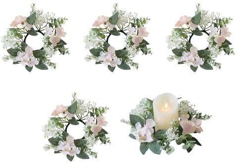 Huilimei 5 Pcs 25 cm Candle Rings Wreaths,Artificial Hydrangea Wreath Candles Wreaths for Pillars Christmas Wedding Home Table Party Decoration (Pink)