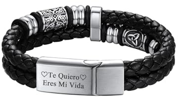 Richsteel Armband Herren Edelstahl Leder 19/21/23cm Silber/Schwarz Lederarmband Flechtarmband mit Magnet Verschluss Doppelreihiges Magnetarmband Schmuck Keltische Elemente Anpassbar