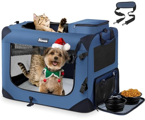 Reerooh Hundebox M 60x42x42cm, Faltbar Hundetransportbox Inkl.Hundenapf, Tragbare Hundetasche für Reisen, Hunde und Katzen Auto Haustiertransportbox(M, Dunkelblau)