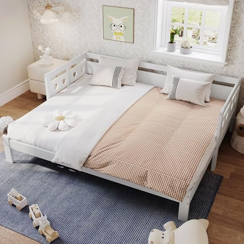 TIZZ Daybett Tagesbett,Kiefer massiv, Ausziehbar Bett,mit 2. Schlafgelegenheit und Rollrost Herzform Bett Weiß (90x190cm)