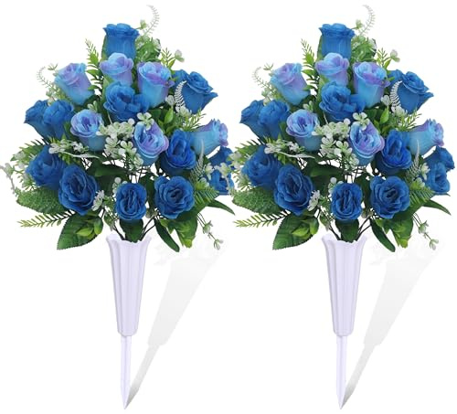 LOSFOTBO Set of 2 Artificial Cemetery Flowers, Grave Memorial Flowers with Vase, Outdoor Grave Decorations Roses for Cemetery Headstones Decoration (Blue)