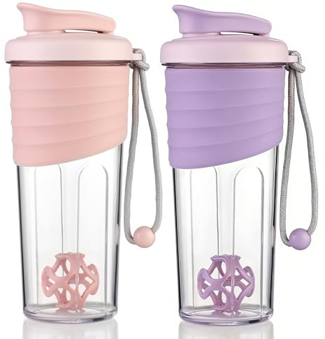 2 Stück Protein Shaker mit Tritan Rührball eiweiss shaker für proteinshakes- für super cremige Fitness Eiweiß Shaker,Proteinshaker 700ml(Rosa und Violett)