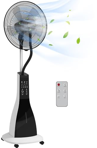 HOMCOM Ventilador Nebulizador Ventilador de Pie con Agua Oscilante 90 W Temporizador Tanque 3L Mando a Distancia 3 Velocidades 5 Aspas y Pantalla LED Ø44,5 cm Blanco y Negro