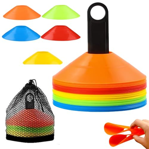 Xinxinphi 50 Pezzi Coni Disco con Staffe Stoccaggio & Tasca Rete, Accessori Marcatori Rotondi 5 Colori, Cinesini Allenamento per Partite Calcio, Campo Leggera Atletica,Ostacoli Sicurezza Marcatura