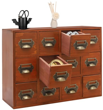Wooden Desk Drawer Organizer Apothecary Storage Box with 12 Drawers Vintage Storage Cabinet for Desktop Organizer (Brown)