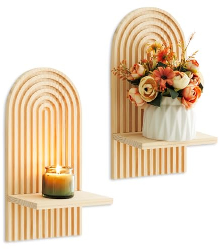 Boho Wall Candle Sconces Set of 2, Rustic Farmhouse Wooden Wall Mount Candle Holders for Bedroom Living Room Bathroom Modern Farmhouse Home Decorations