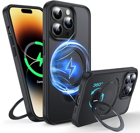 FNDMIL 360°Rotatable Magnetic Ring for iPhone 14 Pro Case Compatible with MagSafe [Non-Slip Texture Edge] [Built-in Kickstand] [Military Shockproof] Translucent Matte Soft Silicone Bumper Slim,Black