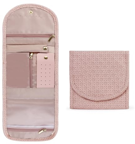 FuninCrea Rotolo di gioielli in ecopelle, compatto, da viaggio, con supporto per orecchini e porta anelli, pieghevole, per gioielli, da viaggio, per anelli, orecchini, collane, bracciali (rosa)
