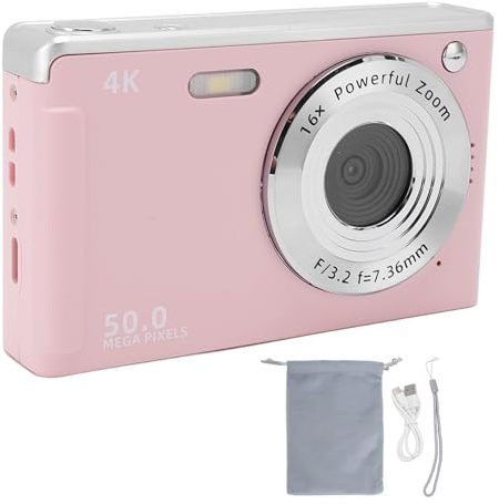 Cámara Digital de 4k 50mp con luz de Relleno, Zoom de 16x, Anti Shake, AF Autofocus para Retratos y paisajes vívidos, diseño Compacto y portátil (Pink)