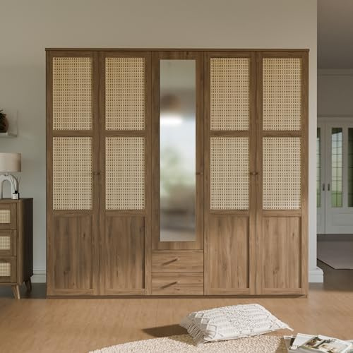 Forte GLENKEEN Kleiderschrank 230, Großer Kleiderschrank im Boho-Stil mit 5 Türen und 2 Schubladen, Spiegel, Valencia Eiche Holzdekor | Naturrattan, 223,4 cm breit x 212,7 cm hoch x 54,5 cm tief