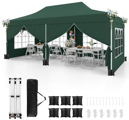 GOPLUS Tonnelle Pliante 3x6m Imperméable, Barnum Pliable pour Jardin Extérieur, Pavillon Pop-Up pour Fête, Mariage, avec Sac de Transport, Sac Lesté, 6 Bâches (Vert)