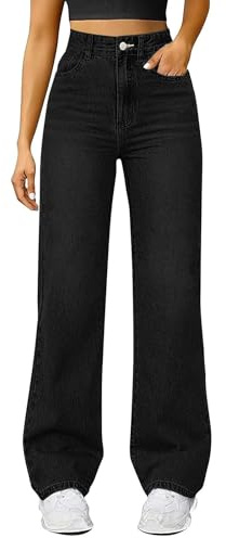 Jean Large Femme Taille Haute Elastique Pull on Pantalon en Denim avec Poches Stretch Slim Jambe Droite Décontractés Baggy Mode Le Yoga Fitness Sports Coupe Loose Straight Trousers
