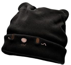 Bonnet Femme Tricot Hiver épais Mignon col retourné Chaud stylé Laine Thermique Chapeau 54-59cm Turban Chimio Oversize d'oreilles de Chat Hat Loisirs Noir