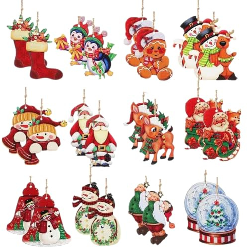 Danbghyuo 24 Pcs Holzanhänger Weihnachten, Weihnachtsbaum Anhänger Holz mit Schnur, Weihnachtsbaum Schmuck Lustig, Auto, Hirsch, Weihnachtsmann, für Party Dekoration (B)