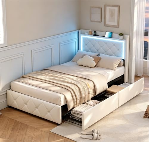 BRILVERDE Bagagebädd 90 x 200 med LED-ljus, enkel säng med förvaringslådor med sänggavel, med ribbotten, sammet (beige, 90 x 200 cm)