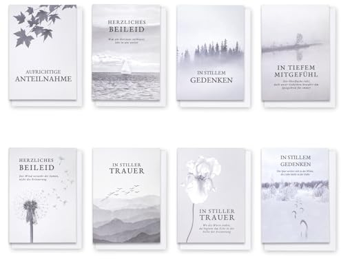 Trauerkarten mit Umschlag, 8er Set Trauerkarte/Beileids-Klappkarten 14.8 * 10.5cm mit Aufdruck, innen blank