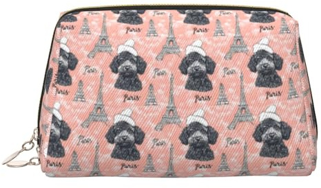 GVYGVY Beauty case da viaggio grande, in pelle di PVC, con stampa di cucciolo di torre Eiffel, borsa per cosmetici da donna con cerniera, portatile, impermeabile, per la cura della pelle