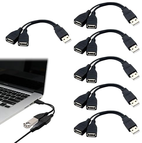 MEKEET 6PCS USB to 2 Female Splitter Lead - Black Dual Female to Male Cable, 2 Port Adapter for Laptop, Tablet, Mobile Device - Double Port Converter Extension Power Cord