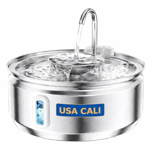USA CALI 3.2L Stainless Steel Pet Water Fountain with Visual Water Window – Ultra Quiet Automatic Cat & Dog Water Dispenser, Easy-Clean, Continuous Flow Hydration
