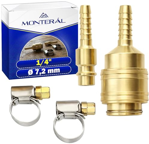 Set di 2 Pezzi Attacchi Rapidi Aria Compressa 1/4 - Innesto Rapido Aria Compressa Ø 7,2 mm con 2 Pezzi Fascette Stringitubo Ø 8-12 mm - MONTERAL