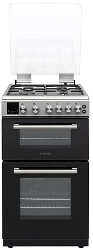 Teknix TKGD50X 50cm Gas Cooker with Lid – Freestanding Double Oven & Grill, 4 Burner Hob, LPG Convertible, Easy Clean Enamel, Stainless Steel – A+ Energy Rated