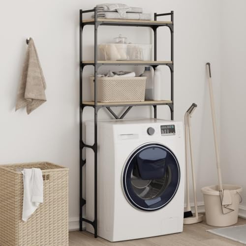 Runheo Estantería para lavadora, roble Sonoma, 67 x 25 x 163 cm, estructura de metal con 3 estantes, espacio de almacenamiento para lavandería, baño, altura regulable, ahorra espacio, estable