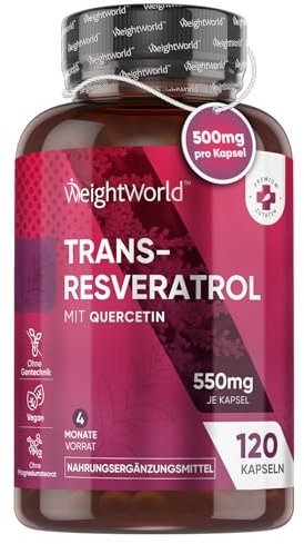 Trans - Resveratrol mit Quercetin 550mg - 4 Monate Vorrat - Alternative zu Pulver - 120 vegane Kapseln - Frei von Magnesiumstearat - Japanischer Knöterich von WeightWorld
