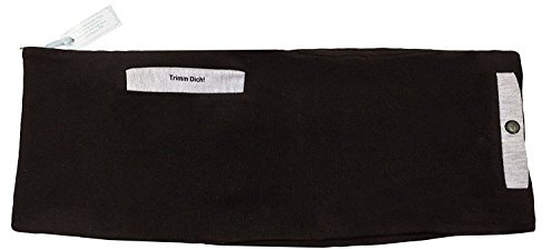 Laufgürtel Damen elastisch, aus Baumwoll-Stoff, schwarz, mit 2 Taschen für Handy, Schlüssel, Geld & Karten, Grauer Ziersaum, Aufdruck Trimm Dich, 39 x 17 cm – ideal für Joggen & Sport