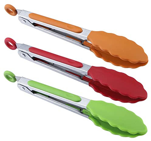 MSY BIGSUNNY Mini-Servierzange, Silikon Küchenzange, 17,8 cm, Rot, Grün, Orange, 3 Stück