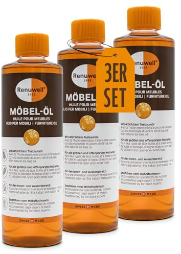 Renuwell Möbel-Öl, 3x 500 ml – Natürliches Pflegeöl für Holz mit Leinöl und Teebaumöl, farblos, Schutz für geölte und unbehandelte Holzoberflächen, Schweizer Qualität